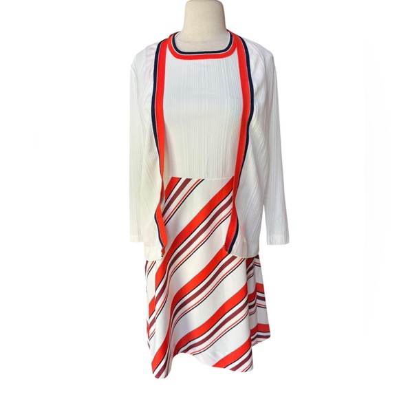 1960s/70s Poly Striped A-Line Dress & Matching‎ Cardigan - Picture 1 of 9